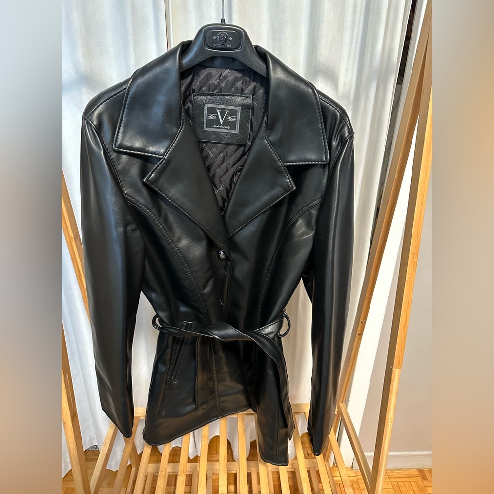 Black Leather Trench Coat - Belted